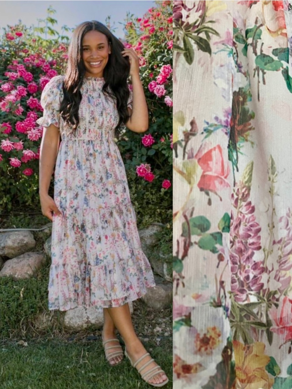 New Ivy City Co Cream Floral Smocked Midi Dress